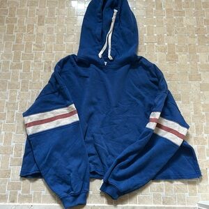American Eagle Blue Hoodie with Red and White Stripes on Arms
